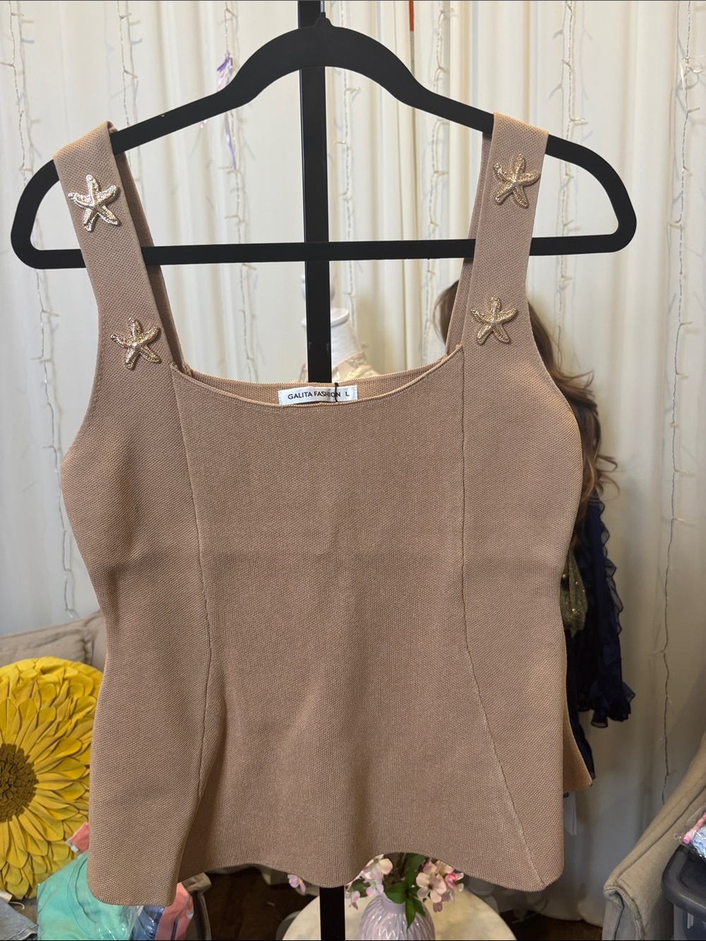GALITA Fashion Tan Knit Tank Top with Starfish Strap Accents